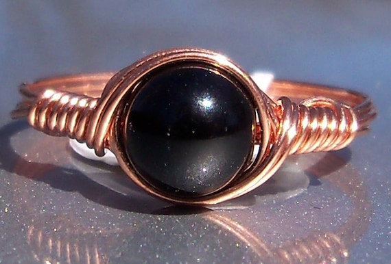 Black Obsidian Ring Copper Wire Wrapped Ring