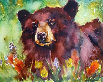 Wildflower Bear Watercolor Print by Maure Bausch