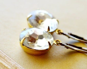 White Rhinestone Earrings, Vintage White Diamond Estate Style Oval Rhinestones, Old Hollywood Glam Jewelry Bridal Earrings