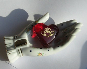 Celtic Red Glass Friendship Heart with 17th Century Irish Scottish Outlander'ish Claddagh Symbol of Love Respect Loyalty