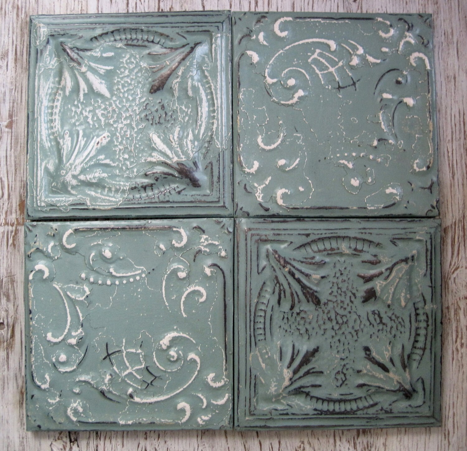 ALL 4 Framed Antique Ceiling Tin Tiles circa 1900. Soft
