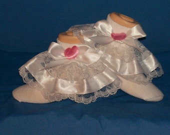 Boutique custom-made pink heart with white ribbon ruffle socks