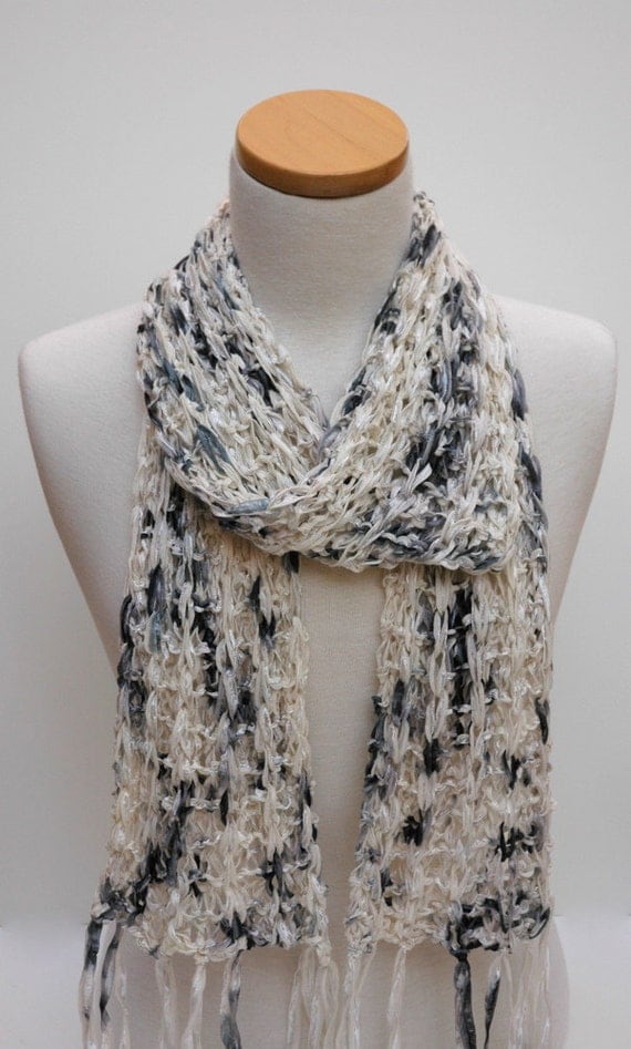 Cotton Scarf Hand Knit/ White Black Charcoal