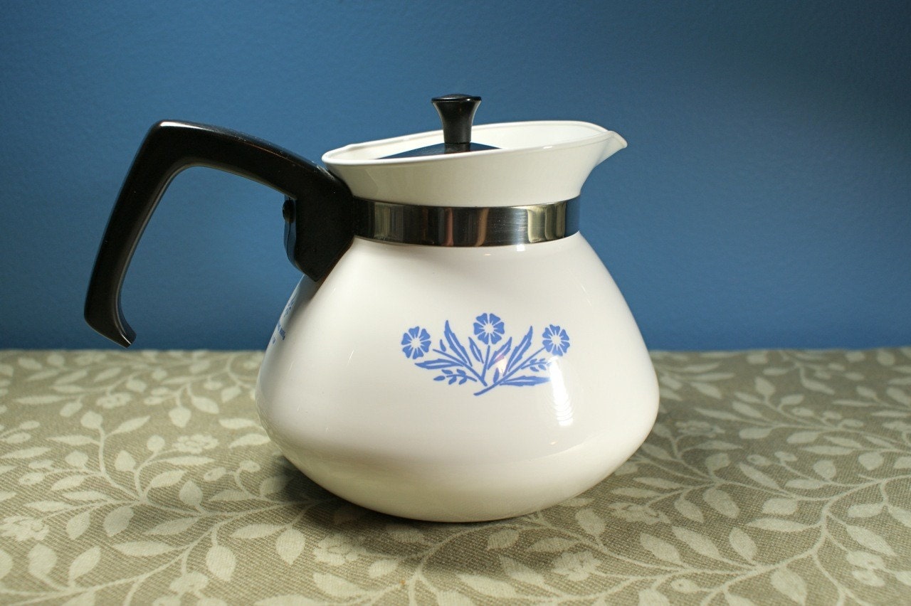 Corning Ware Teapot Coffee Pot White with Cornflower