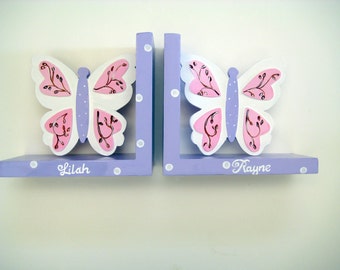 Personalized Butterfly bookends,lavender,pink,white,brown.butterfly bookends,girls bookends,personalized gift,kids bookends,childrens gift