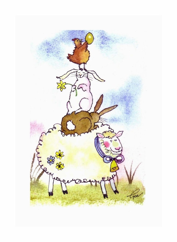 Funny Watercolor Animals Card Easter Card Spring Greeting