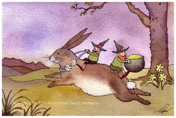 Rabbit Art, Rabbit Card, St. Patricks Day Leprechaun Art Greeting Card, Bunny Rabbit and Leprechauns Watercolor Painting Print