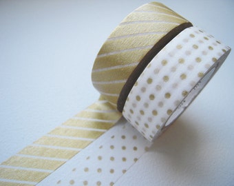 MT 2012 - Japanese Washi Masking Tapes / Small Gold Polka Dots & Stripes for packaging, party deco, card making