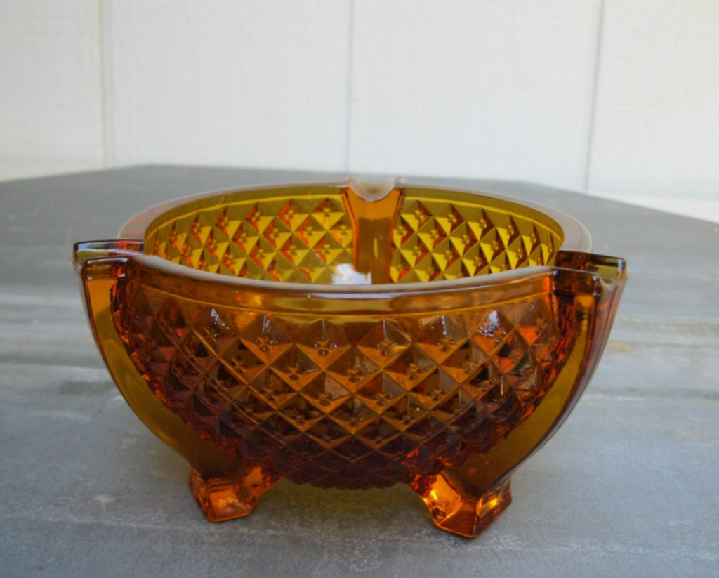 Art Deco Amber Diamond Cut Glass Ashtray