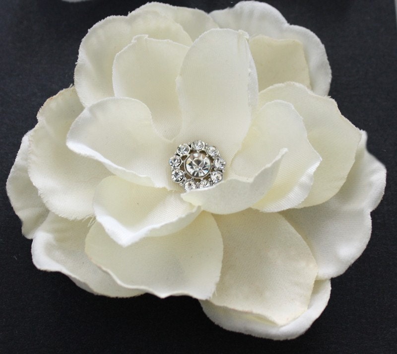 Ivory Gardenia Hair flower  clip wedding headPiece rhinestone