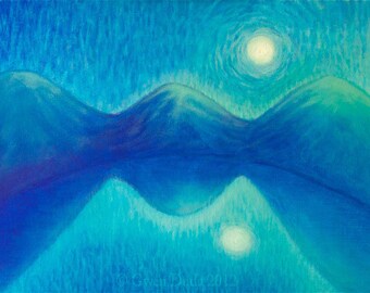 Large Blue Painting Acrylic Landscape Serene Mountain Water Moon 14 x 24 inches titled "Vibrant Serenity"
