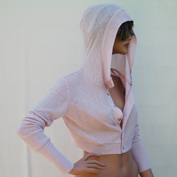 Light Pink Cropped Sheer Cardigan With Hood Small