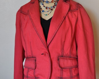 Red Small Denim JACKET - Ruby Red Hand Dyed Upcycled Loft Denim Blazer Jacket - Adult Womens Small (40" chest)