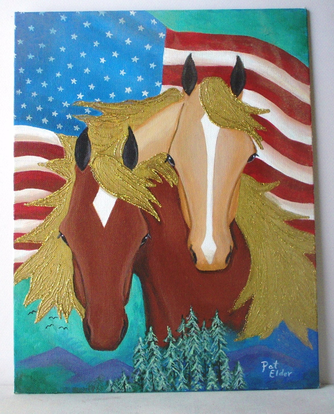 Original horse painting Folk Art style on patriotic