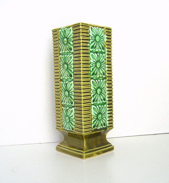 Vintage Tall Rectangular Green Vase