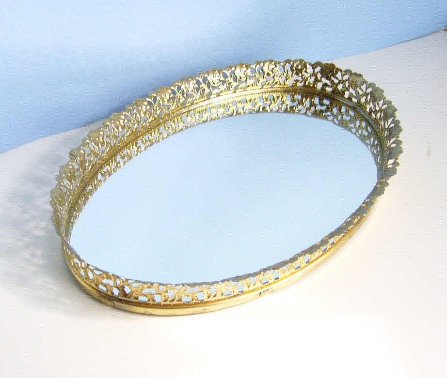 Oval Vintage Gold Filigree Vanity Mirrored Tray
