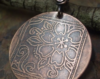 Good Luck Flowers Pendant, Antiqued and Etched Copper, ThePurpleLilyDesigns