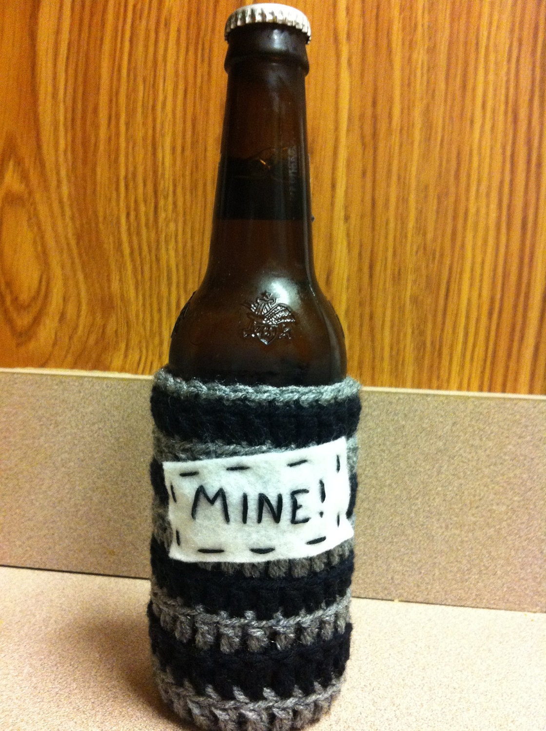 MINE Beer Bottle Koozie Cozy Black Gray Custom Crochet by LuvKnotz