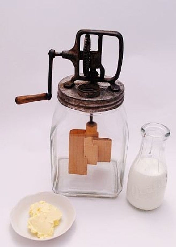 Antique Butter Churn with Wooden Paddle 4 Quart