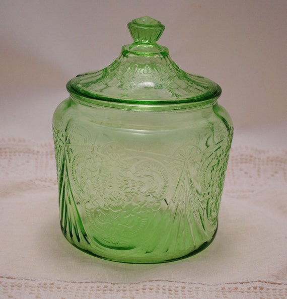 Green Royal Lace Hazel Atlas Depression Glass Cookie Jar