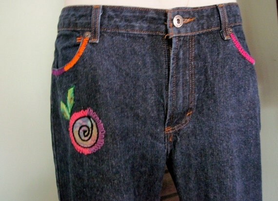 Hand Embroidered Hippie Jeans/Flowers/Size 11/12 Average