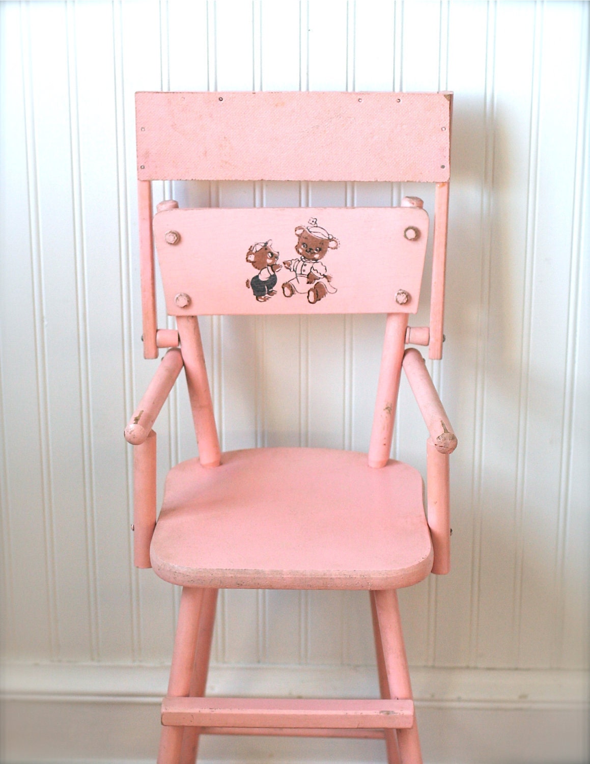 Circa 1950s Pink Wooden Doll High Chair Cass Teddy by ivorybird