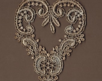Hand Dyed Venise Lace Applique Victorian Heart Vintage Mocha Blue