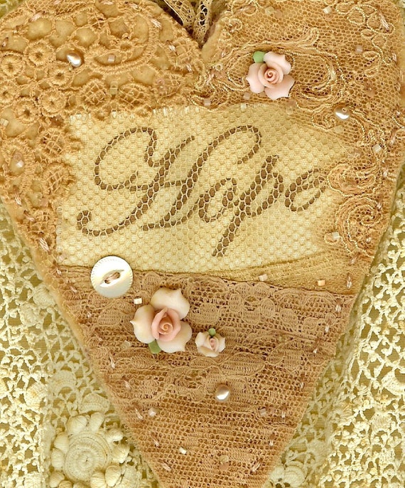 Vintage Lace Cotton Batting Embellished Heart Ornament Hope