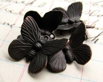 Butterfly charms - black antiqued brass (4 charms) dark aged patina, upturned wings, lead nickel free, garden insect