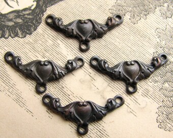 Victorian Heart necklace link - dark antiqued brass (4 links) aged black patina, Victorian Mourning