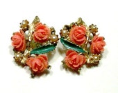 Vintage Celluloid Coral Rose Clip Earrings1940's, Collectible,  Mid Centry, VisionsOfOlde