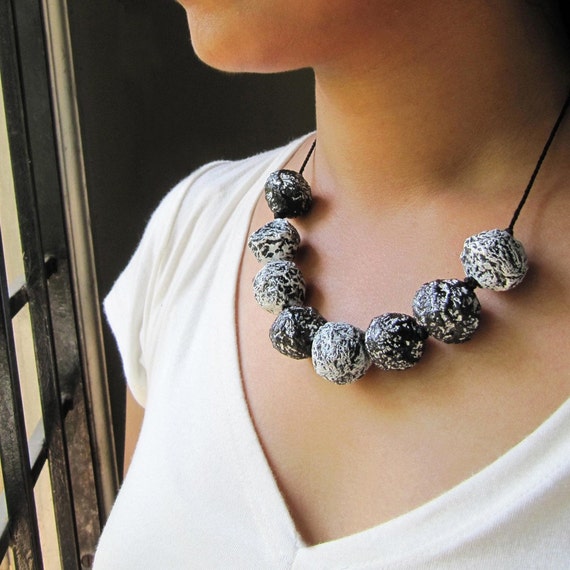 Black and white necklace Paper mache jewelry Fall jewelry