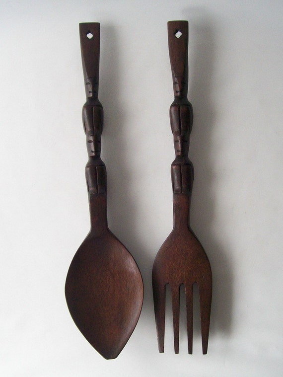 vintage wooden fork and spoon wall hanging carved mahogany