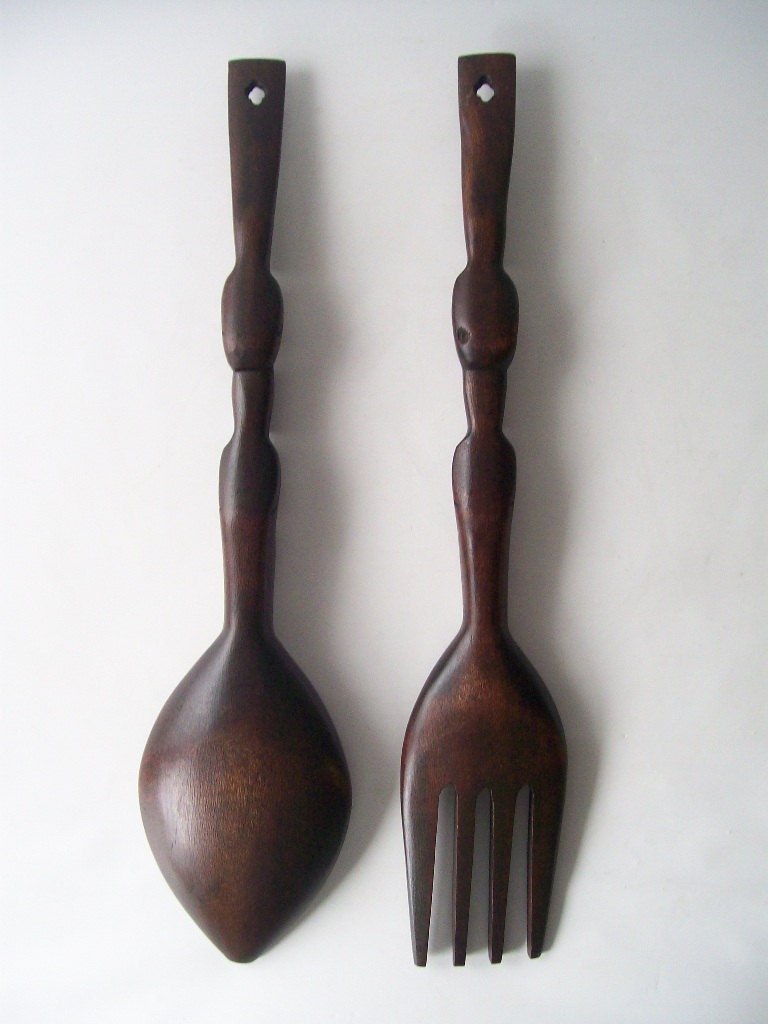 vintage wooden fork and spoon wall hanging carved mahogany