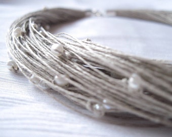 Natural White Pearl Linen Necklace Wedding Jewelry Bridal Organic Gray Silver Summer Fashion