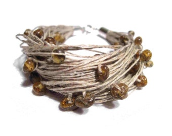 Raw Amber Linen Bracelet, Natural Baltic Amber, Organic, Multi Strand