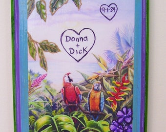 Personalized Parrot Plaque in Mixed Media on Reclaimed Wood