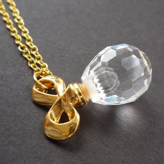 Perfume Bottle Necklace Faceted Glass Gold Plated