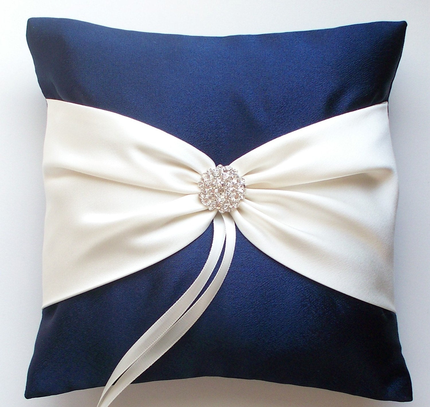 Wedding Ring Pillow in Navy with Ivory Sash Cinched with