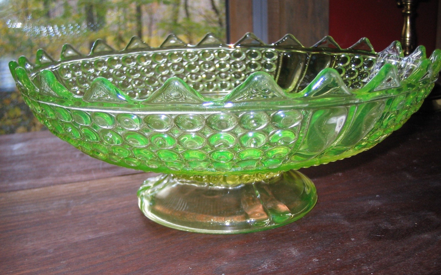 Vintage Vaseline Glass Footed Bowl Bright Green