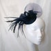 Navy Blue Feather Plume Crinoline & Pearl Sinamay Fascinator Mini Hat Headpiece - Wedding or the Races