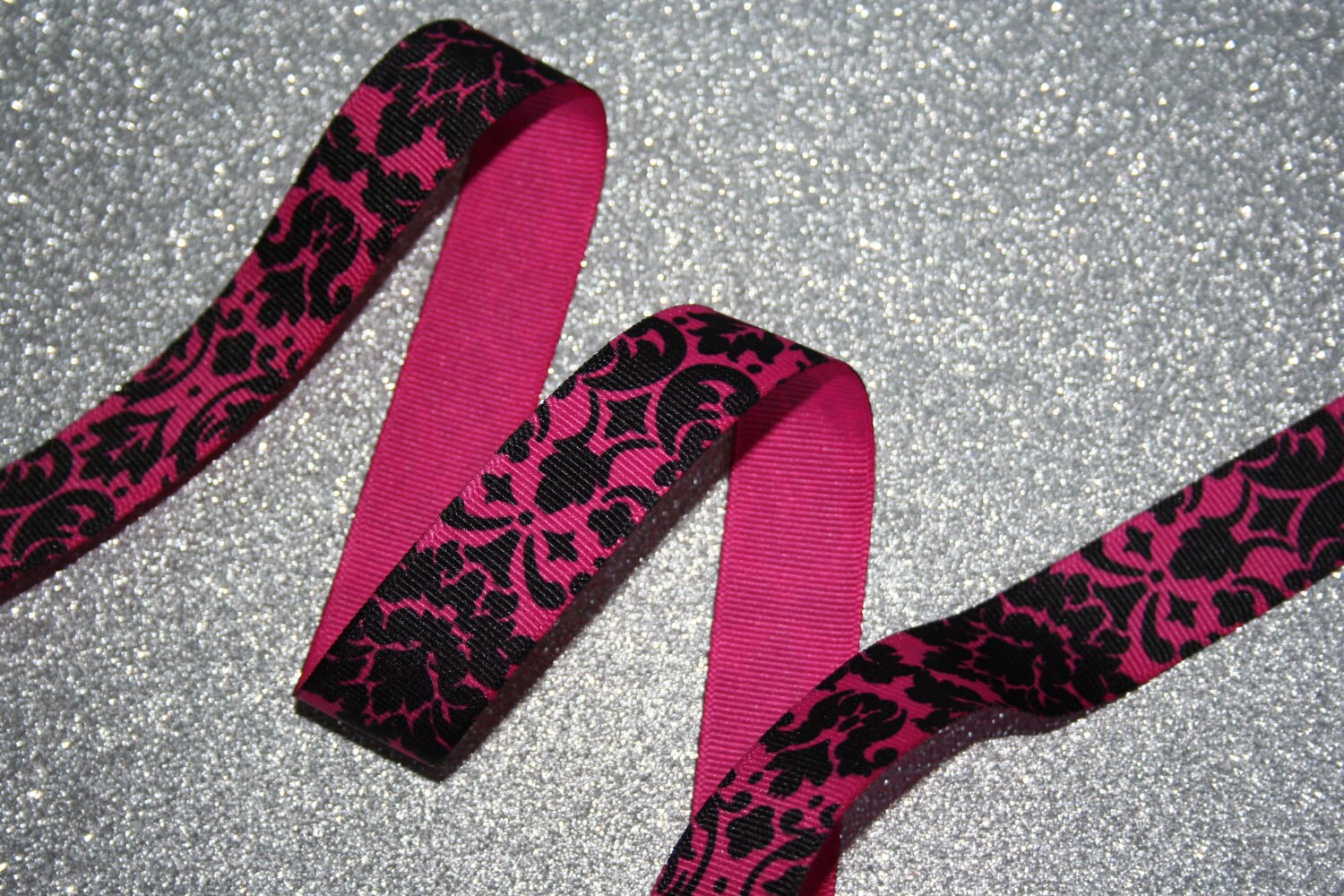 Hot Pink and Black Damask Ribbon 7/8 5 yards by bowpeepbows