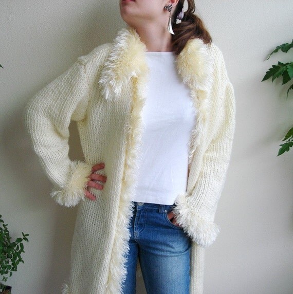 Handknitted Cream Furry Coat Long Jacket wearing a fur