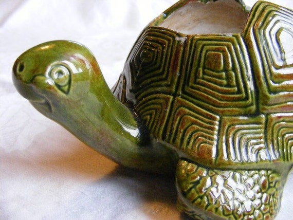 Vintage Green Ceramic Turtle Planter by DenimRoseVintage on Etsy