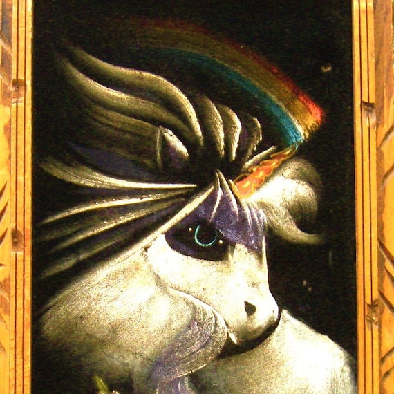 Vintage THE RAINBOW MAKER Black Velvet Unicorn Painting