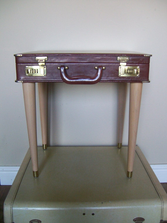 Vintage Upcycled Briefcase Side Table Burgundy with Blond