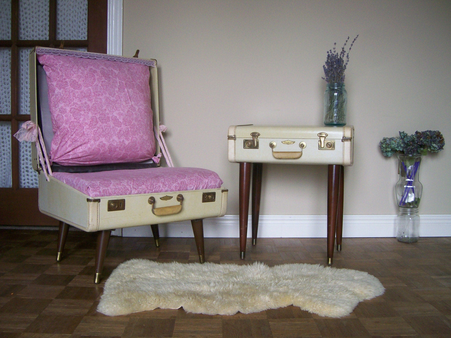 Pretty in Pink Suitcase Chair and Table Combo Upcycled