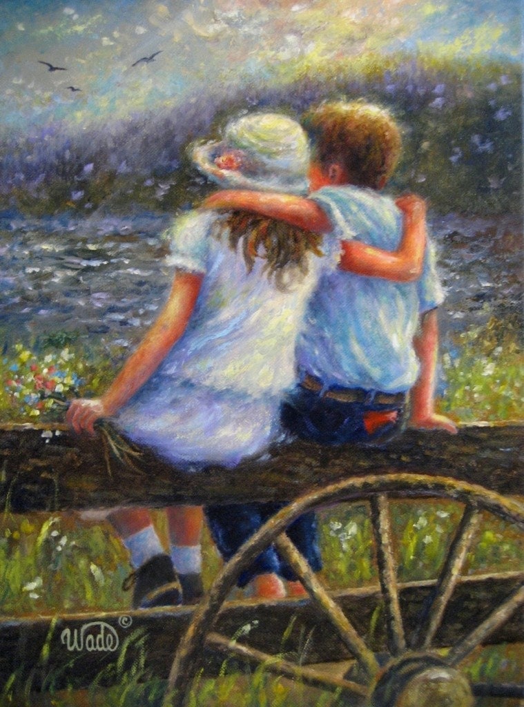 Summer Love Original Oil Painting country kids hugging