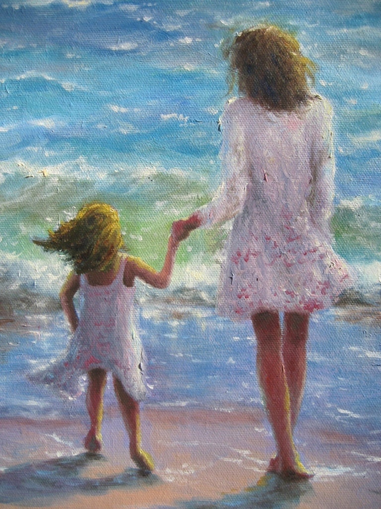 Mother Daughter Beach Art Print beach girls by VickieWadeFineArt