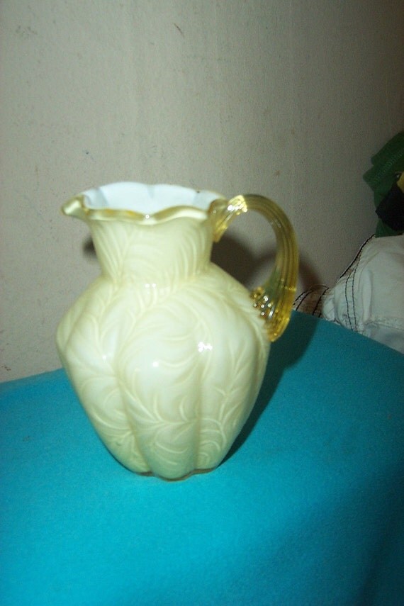 VINTAGE FENTON GLASS YELLOW OVERLAY PITCHER